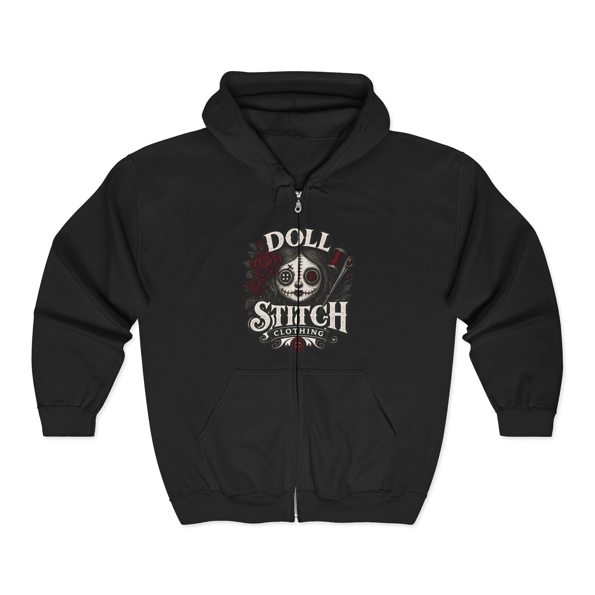 Doll Stitch Zip Hoodie – Gothic Voodoo Skull Graphic Zip-Up