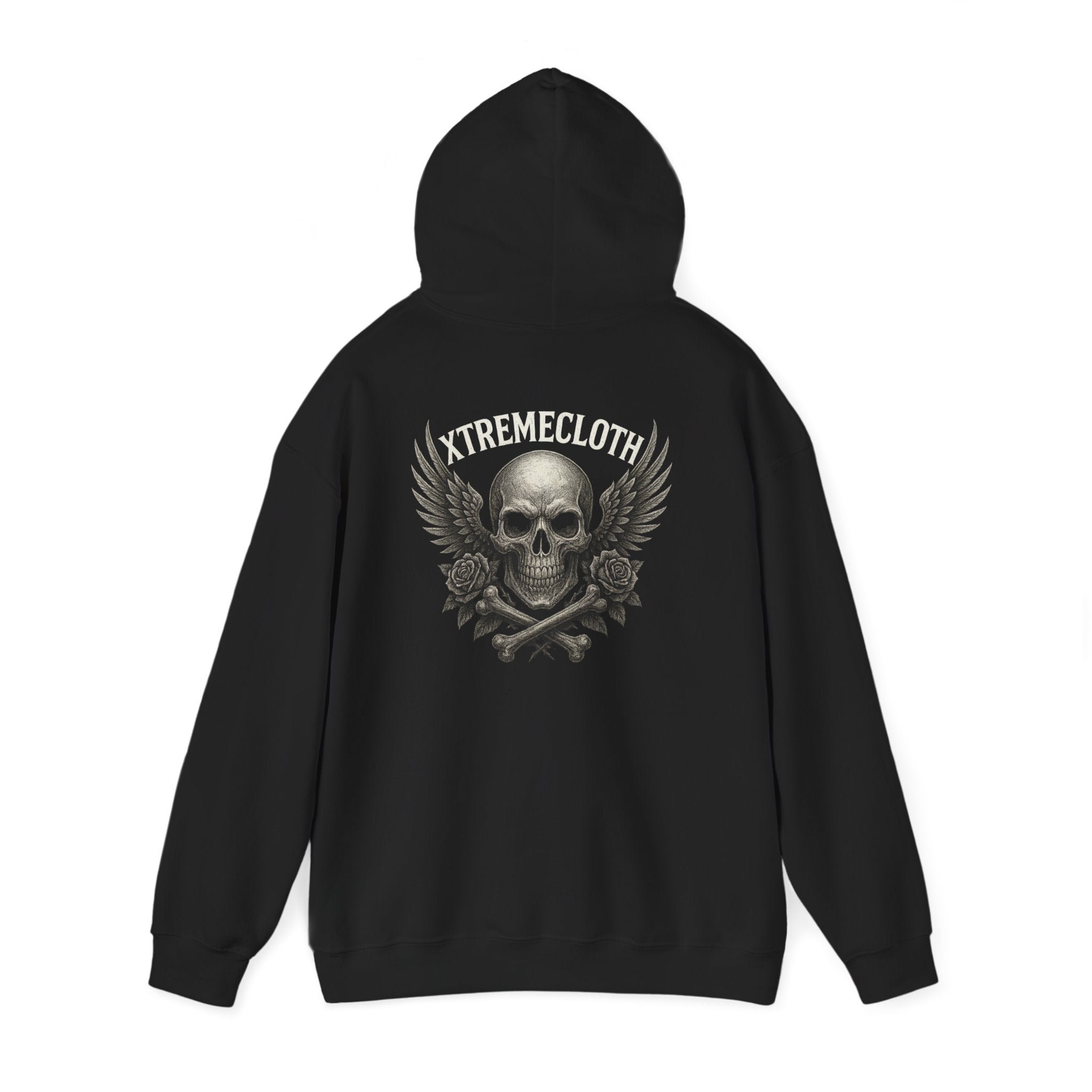 SKU-028- Skull & Wings Hoodie — Gothic Skull Rose Pullover with Xtremecloth Logo