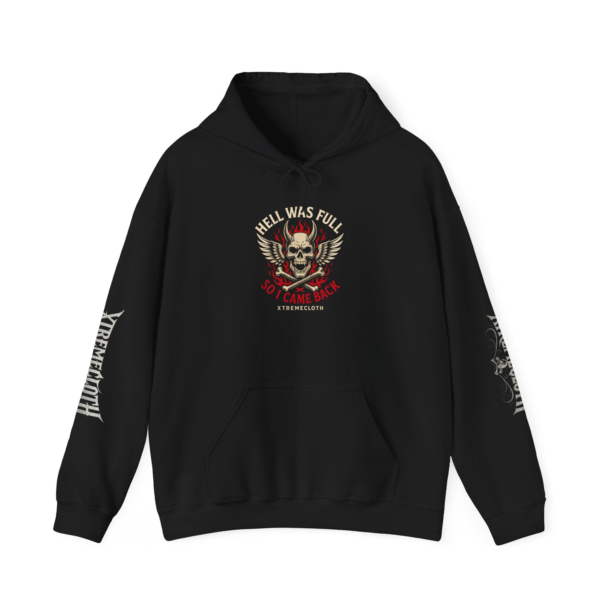 Hoodie — “Hell Was Full So I Came Back” Skull Wings Pullover