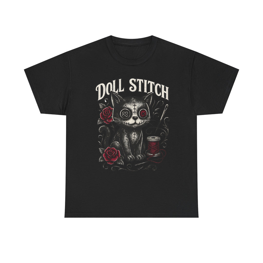 SKU-005 - Doll Stitch Horror Cat Tee — Gothic Voodoo Stitchwork T-Shirt