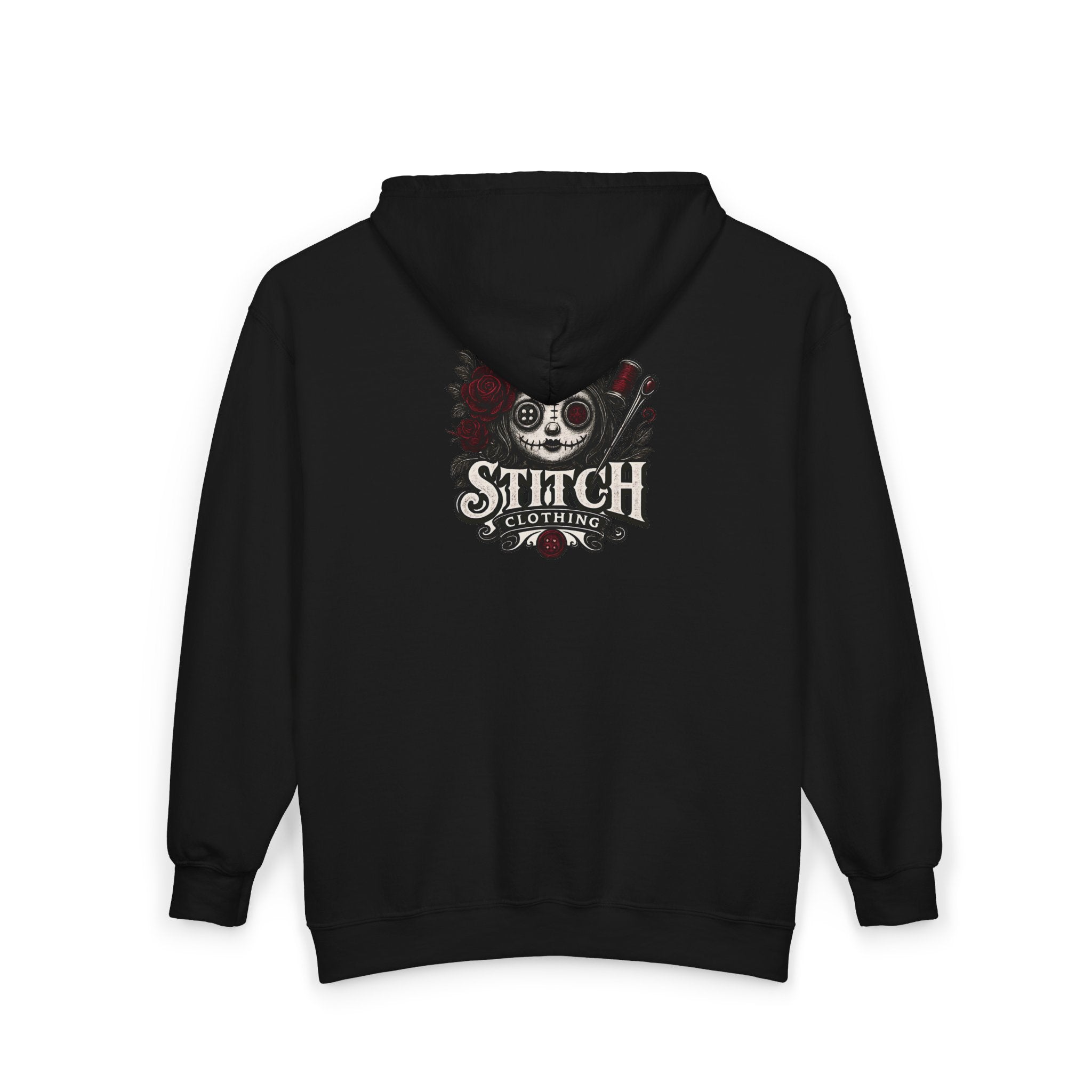Doll Stitch Zip Hoodie – Gothic Voodoo Skull Graphic Zip-Up