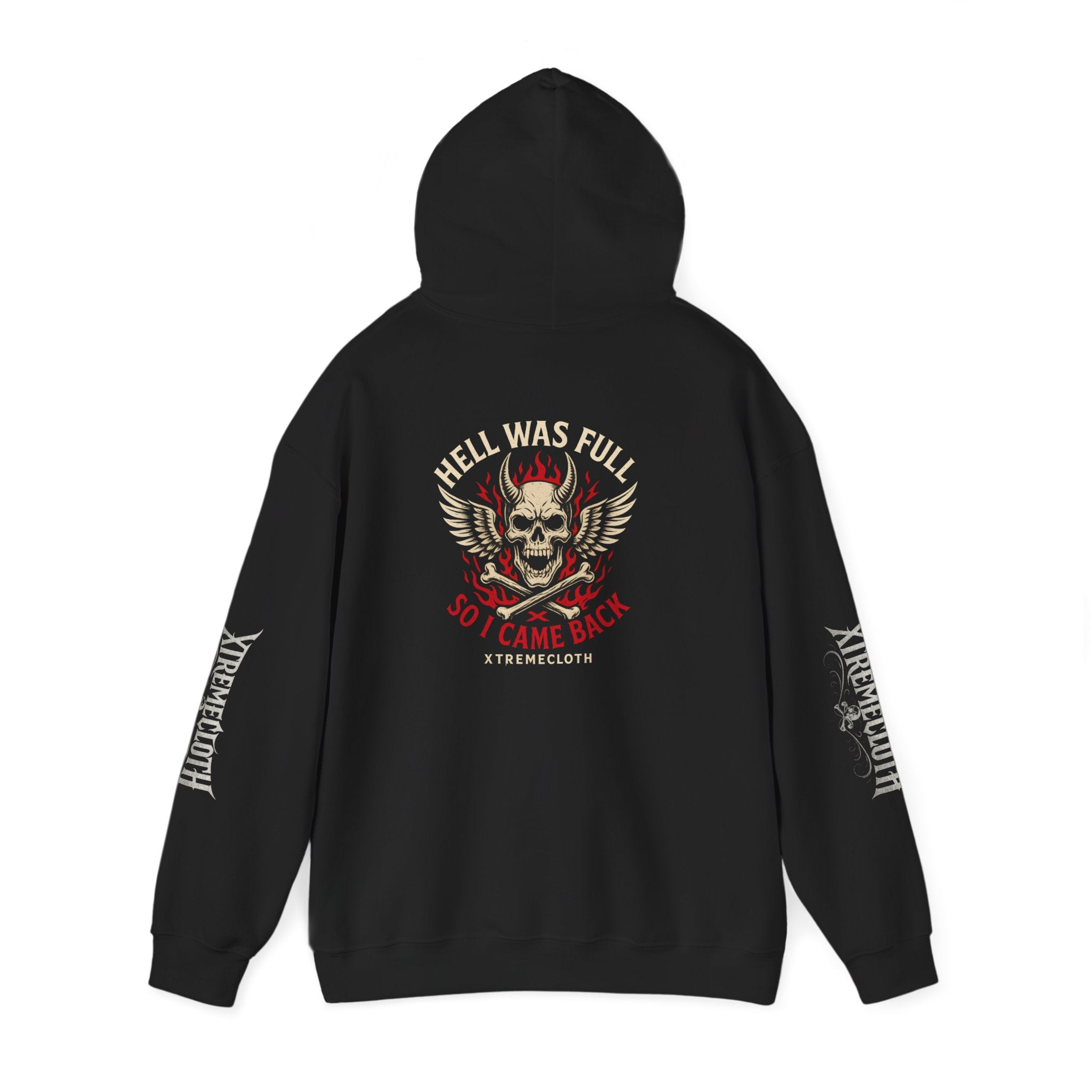 Hoodie — “Hell Was Full So I Came Back” Skull Wings Pullover