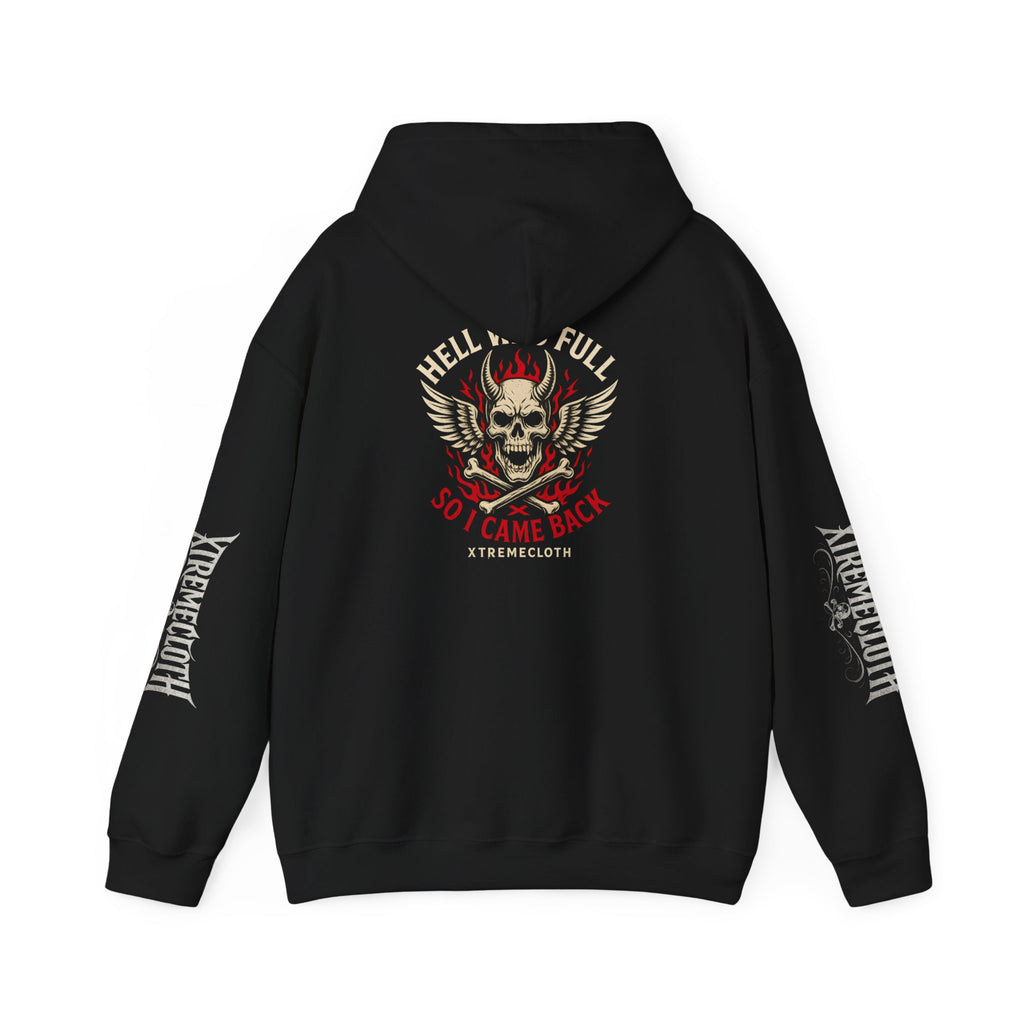 Hoodie — “Hell Was Full So I Came Back” Skull Wings Pullover