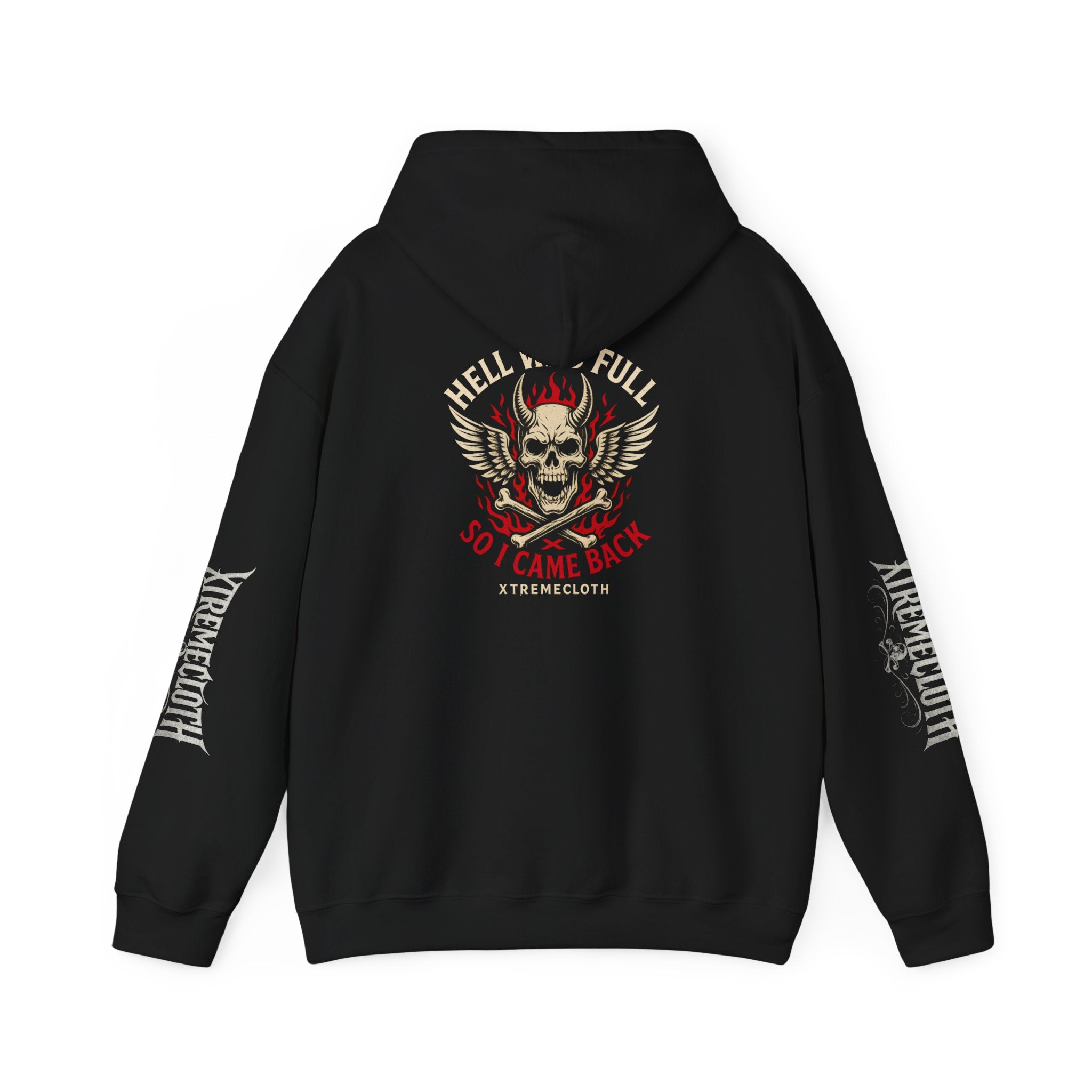 Hoodie — “Hell Was Full So I Came Back” Skull Wings Pullover
