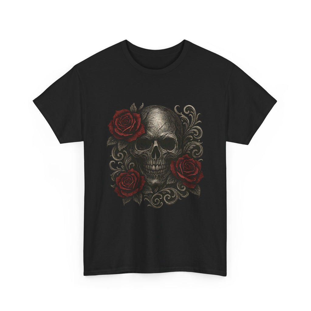 SKU-029- Skull & Red Roses Tee - Gothic Floral Skull T-Shirt