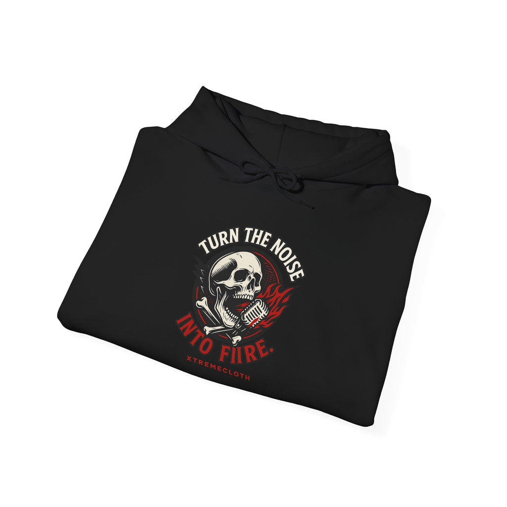 Skull Microphone Hoodie — "Turn the Noise Into Fire" Rock Music Pullover