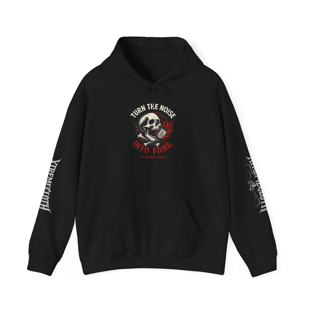 Skull Microphone Hoodie — "Turn the Noise Into Fire" Rock Music Pullover