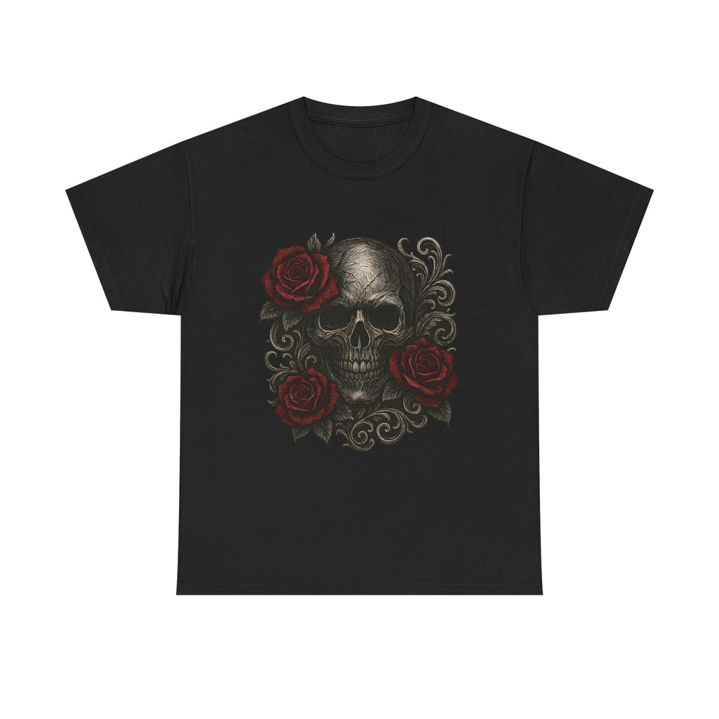 SKU-029- Skull & Red Roses Tee - Gothic Floral Skull T-Shirt