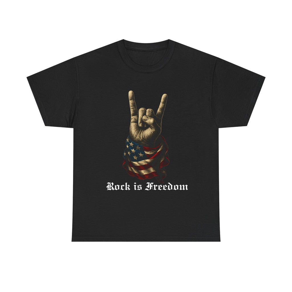 SKU-015- Rock Is Freedom T-Shirt — American Flag Hand Horns Graphic Tee