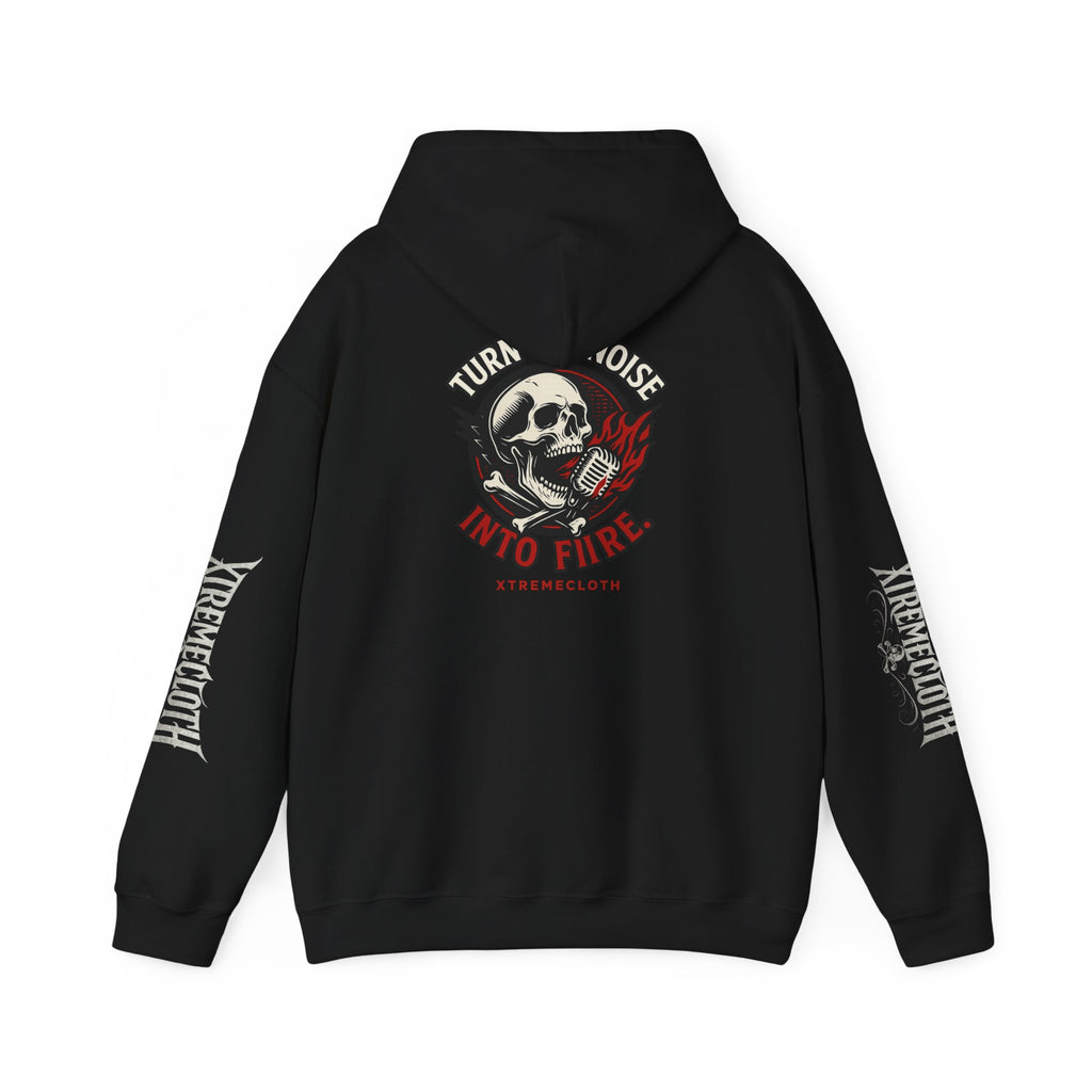 Skull Microphone Hoodie — "Turn the Noise Into Fire" Rock Music Pullover