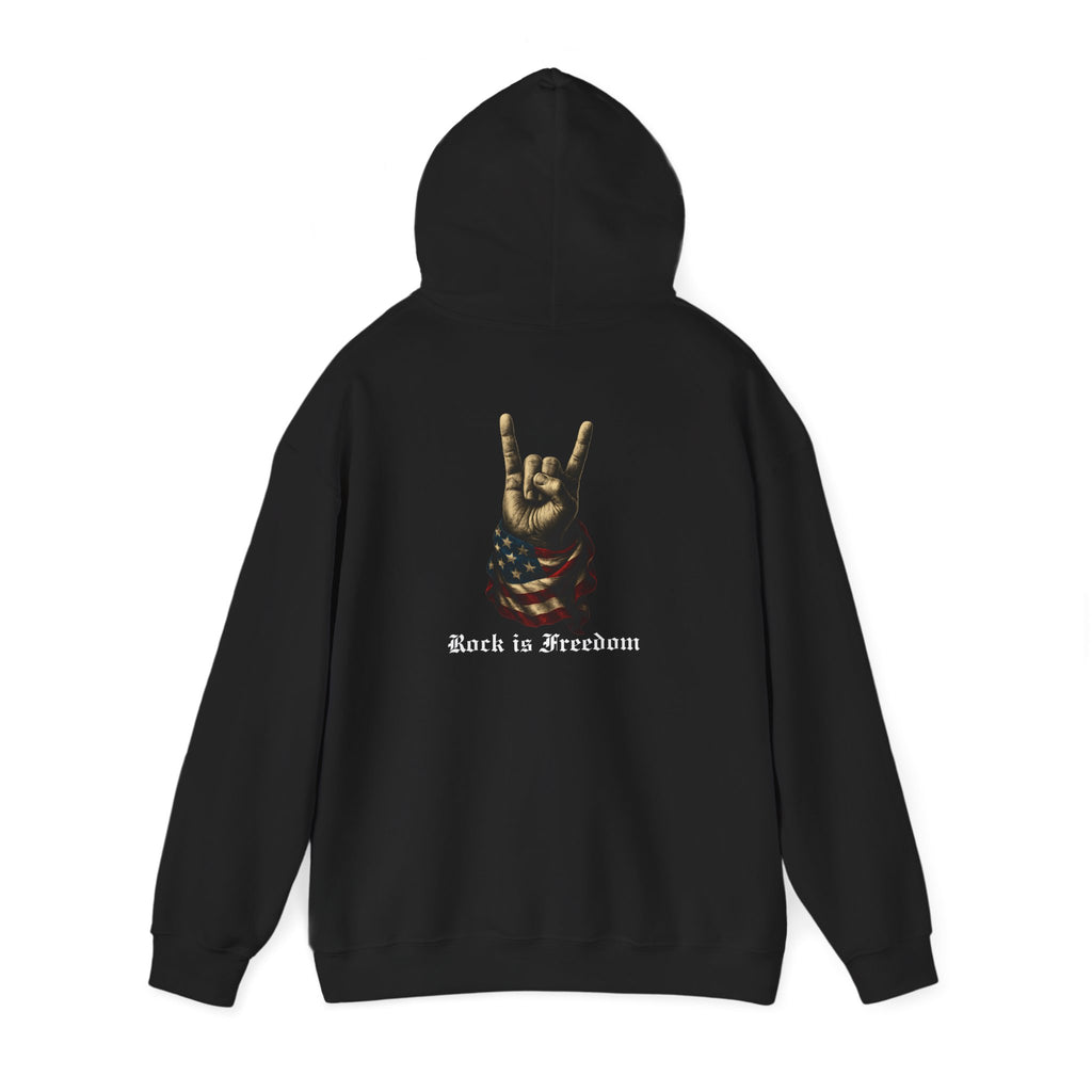 SKU-016 - Rock Is Freedom Hoodie — American Flag Hand Horns Graphic