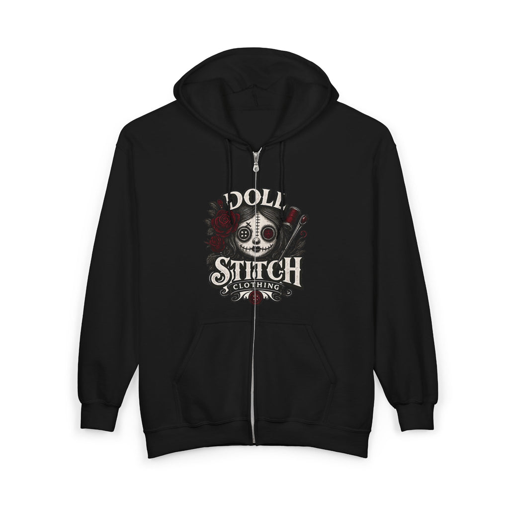 Doll Stitch Zip Hoodie – Gothic Voodoo Skull Graphic Zip-Up