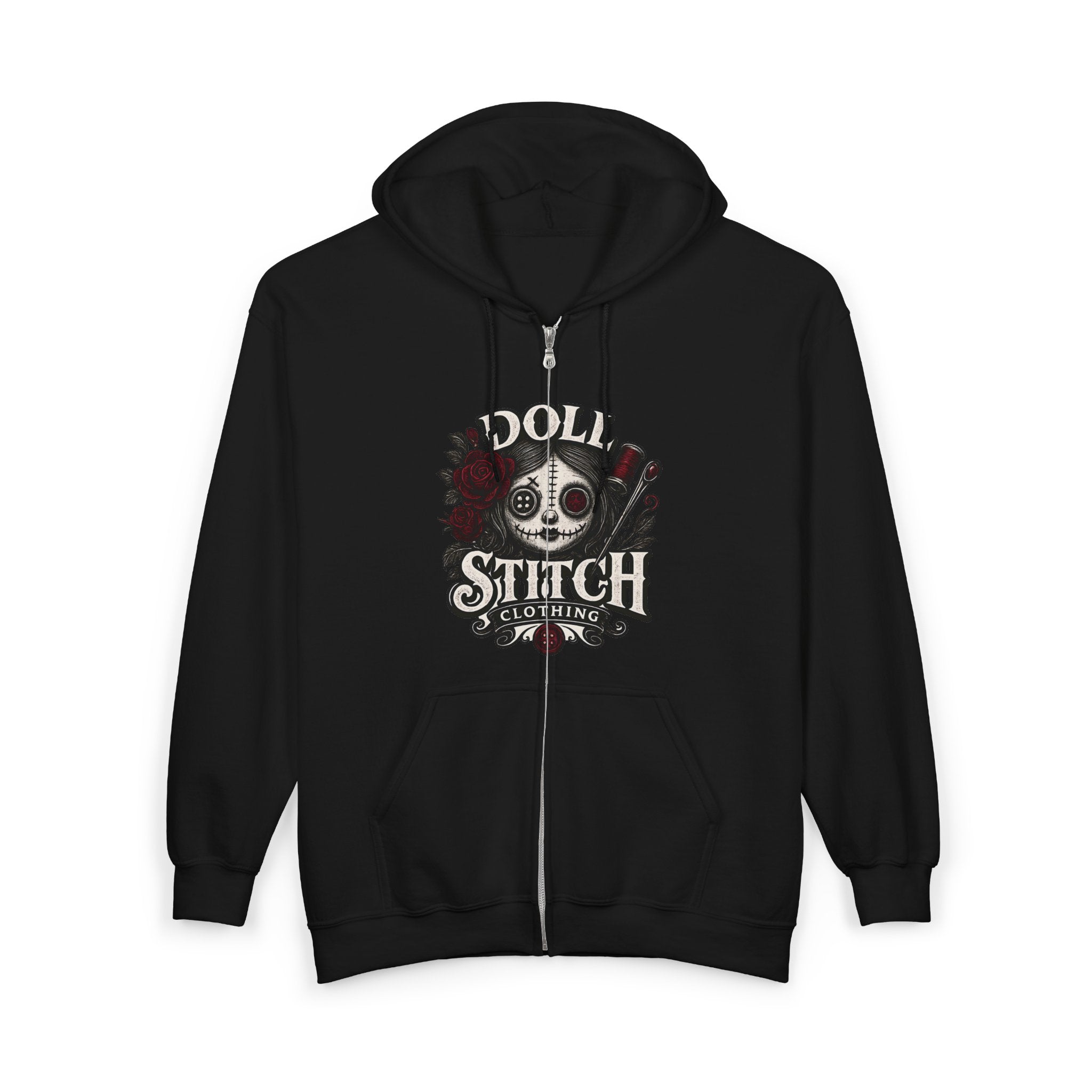 Doll Stitch Zip Hoodie – Gothic Voodoo Skull Graphic Zip-Up