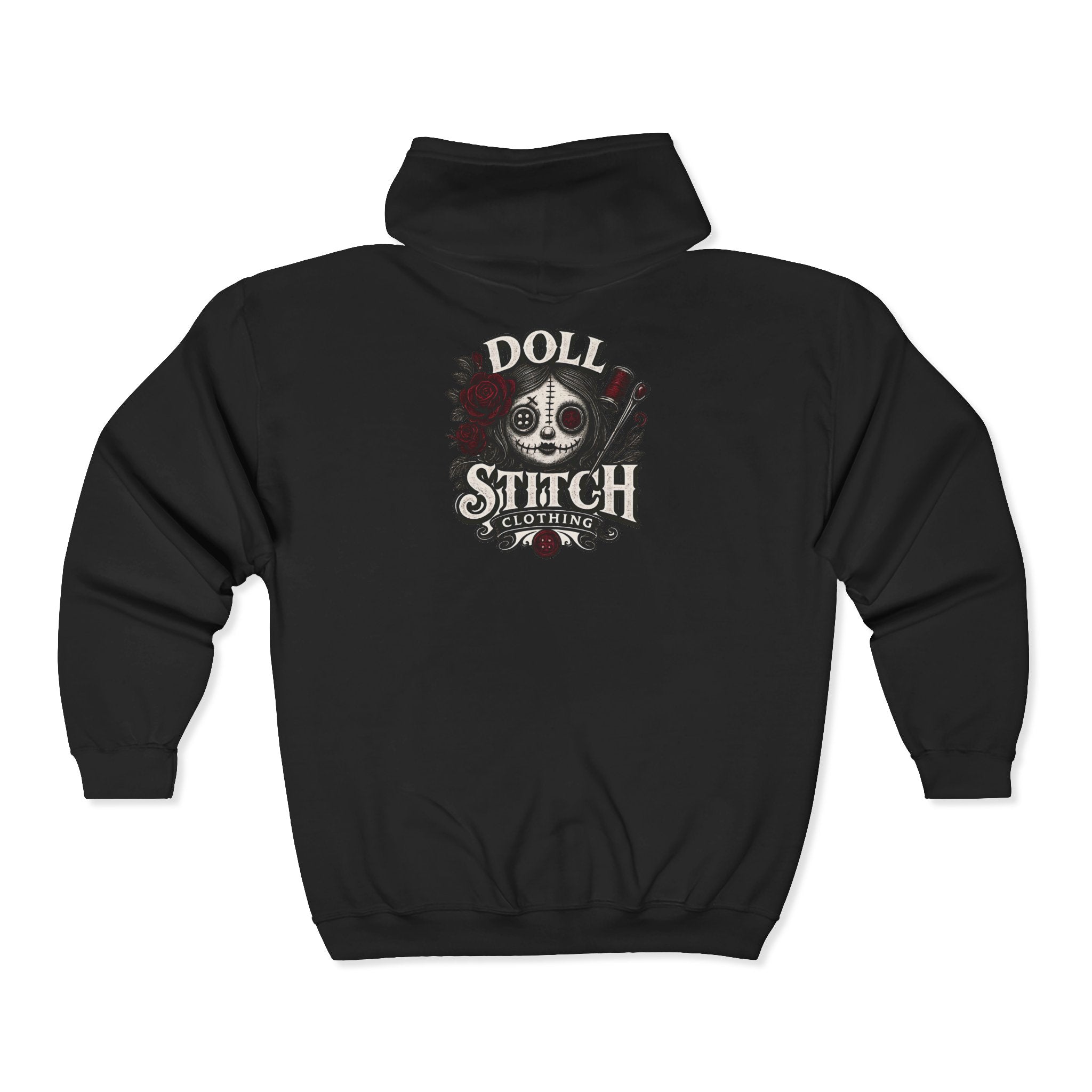 Doll Stitch Zip Hoodie – Gothic Voodoo Skull Graphic Zip-Up