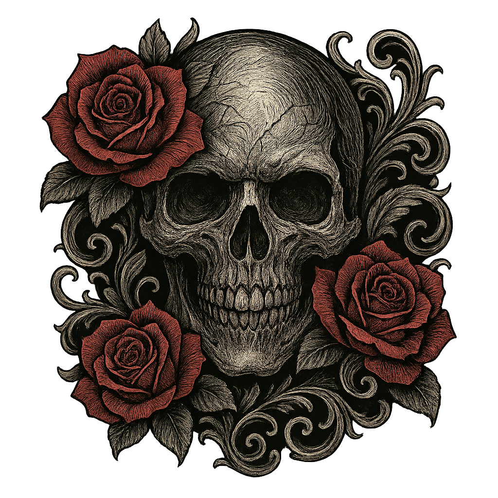 SKU-030-Skull & Roses Hoodie – Gothic Floral Skull Pullover