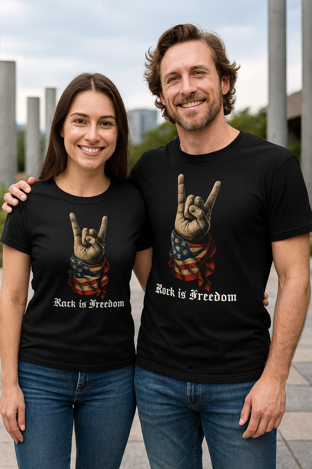 SKU-015- Rock Is Freedom T-Shirt — American Flag Hand Horns Graphic Tee