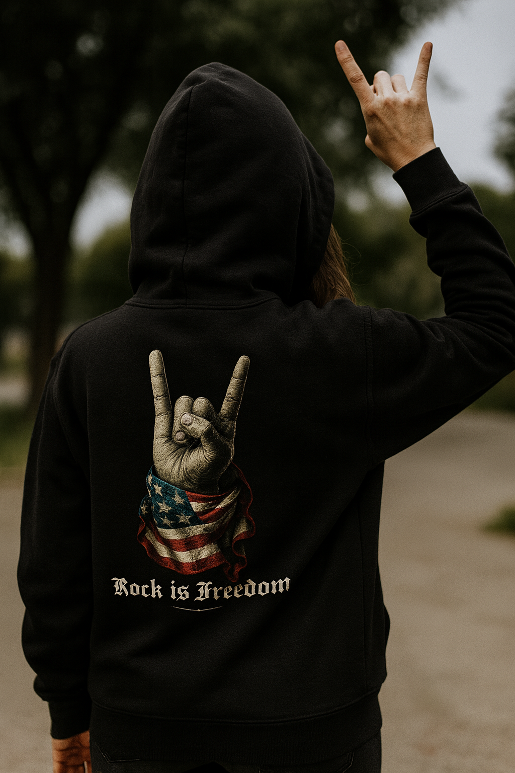 SKU-016 - Rock Is Freedom Hoodie — American Flag Hand Horns Graphic