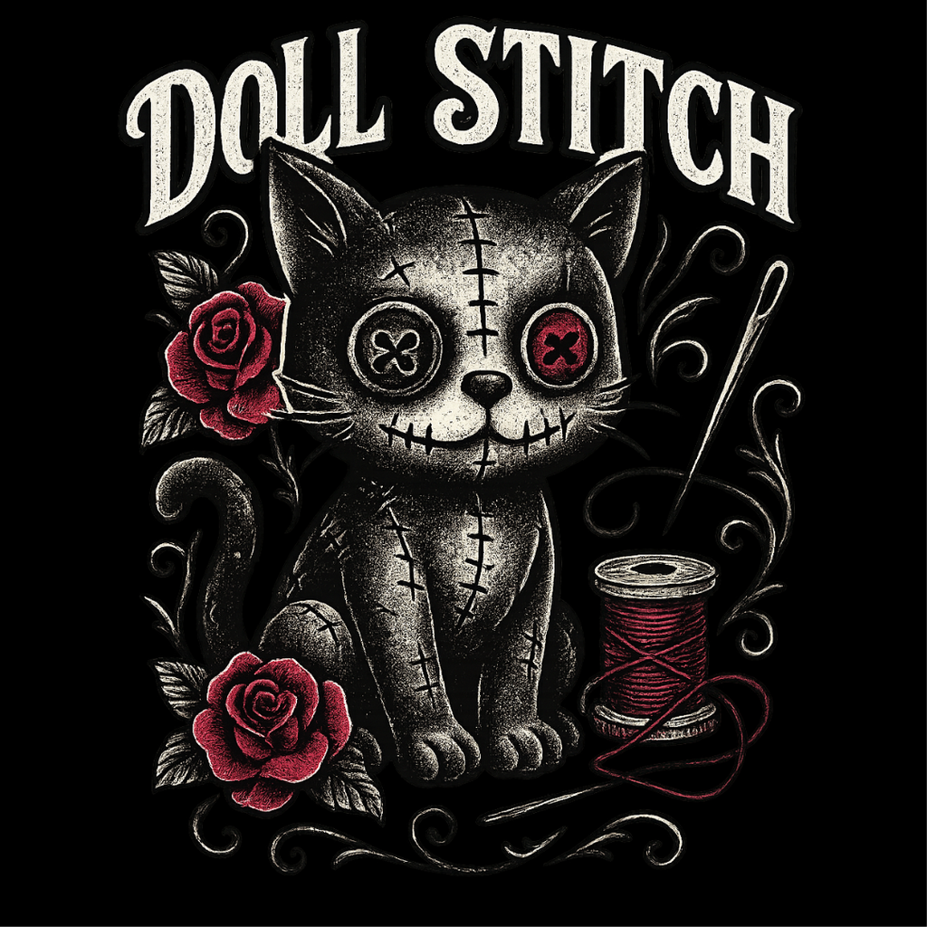 SKU-005 - Doll Stitch Horror Cat Tee — Gothic Voodoo Stitchwork T-Shirt