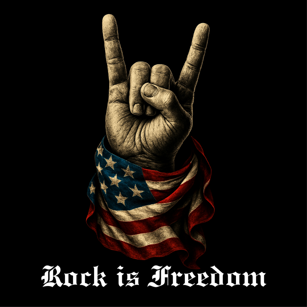 SKU-015- Rock Is Freedom T-Shirt — American Flag Hand Horns Graphic Tee